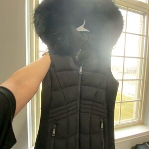 Michael Kors Black Puffer Vest with Faux Fur Hood